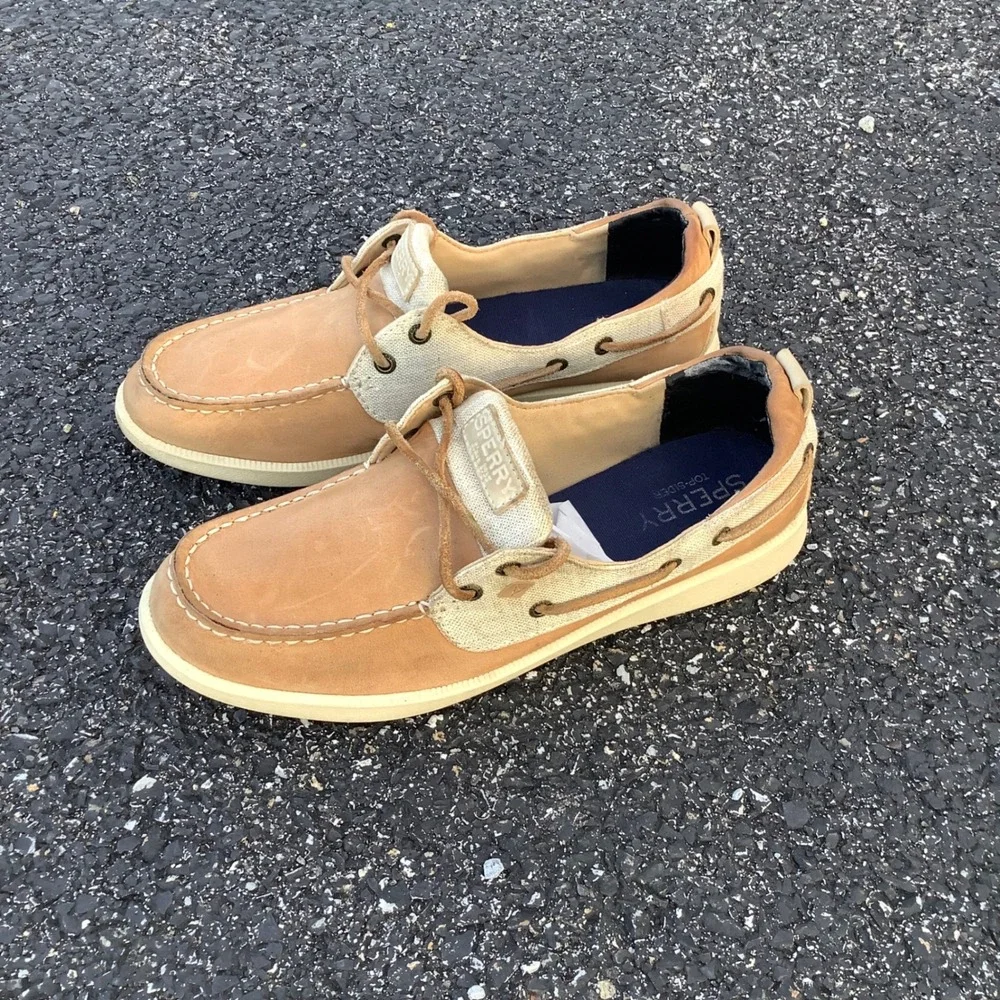 Sperry Top-Sider Womens Boat Shoes Tan Leather Canvas STS81857 Size 8.5